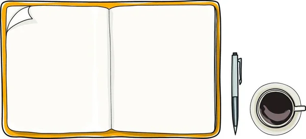 Cuaderno Amarillo Taza Café Pluma Vista Superior Dibujado Mano Vector — Archivo Imágenes Vectoriales