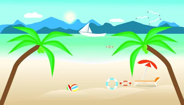 Letní Čas Deštníkem Míč Židle Kokosový Ořech Pláži Loď — Stockový vektor