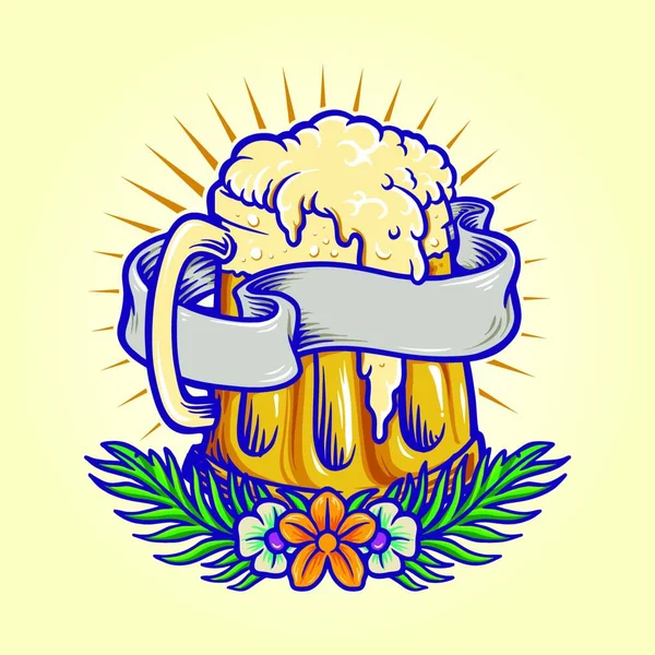 Illustrations Summer Beer Party Flowers Ribbon — 스톡 벡터