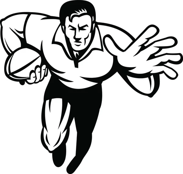 Rugby Player Running Ball Fending Retro Black White — Stockvector