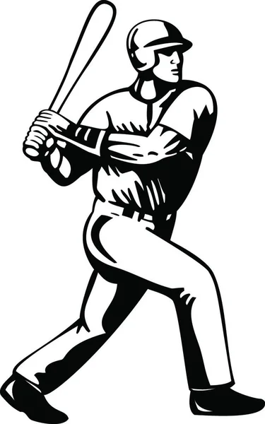 Giocatore Baseball Batting Visto Lato Retrò Bianco Nero — Vettoriale Stock