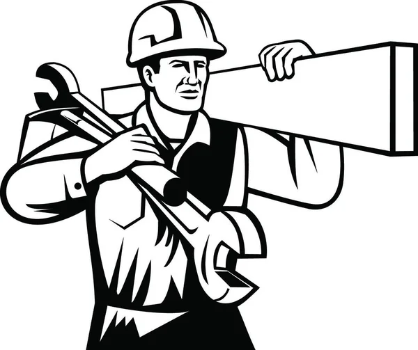 Handwerker Oder Bauarbeiter Tragen Holzschlüssel Und Spaten Retro Schwarz Weiß — Stockvektor