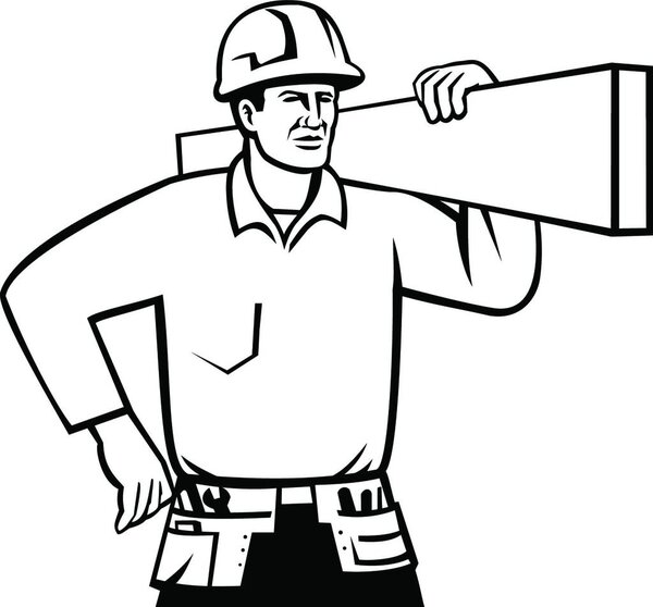 "Builder or Handyman Wearing Hard Hat Carrying Timber Retro Black and White"