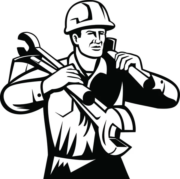 Handyman Constructor Que Usa Sombrero Duro Que Lleva Llave Espada — Archivo Imágenes Vectoriales