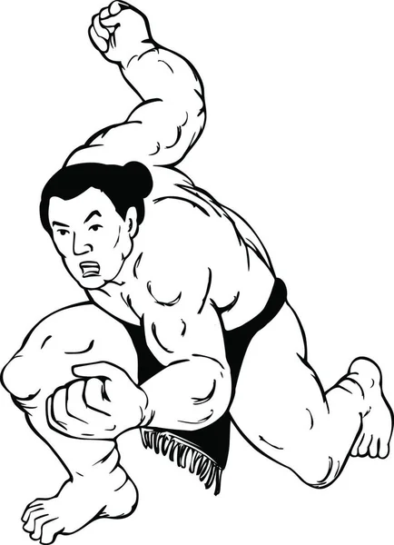 Luchador Sumo Profesional Rikishi Posición Lucha Ukiyo Estilo Blanco Negro — Vector de stock