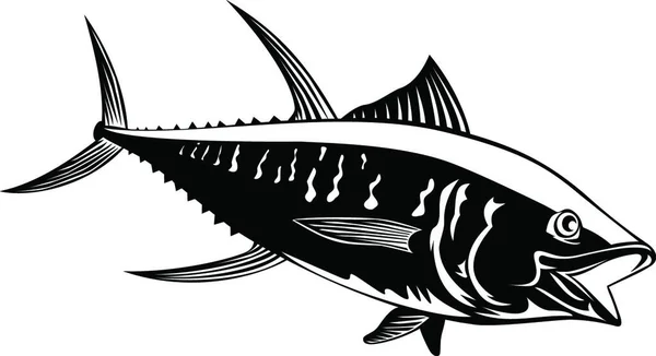 Thunfisch Thunnus Albacares Oder Ahi Schwimmseite Retro Schwarz Und Weiß — Stockvektor