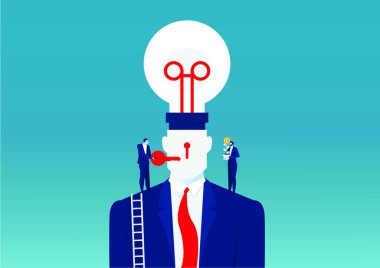 Takım elbiseli bir iş adamı kafasında bir ampul tutarken insan değişim fikri