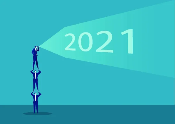 Ομαδικός Επιχειρηματίας Κοιτάζοντας Ένα Τηλεσκόπιο Βλέποντας 2021 Του Μέλλοντος Έτους — Διανυσματικό Αρχείο