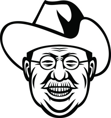 Amerika Başkanı Theodore Roosevelt Rough Riders Baş Maskotu Siyah ve Beyaz