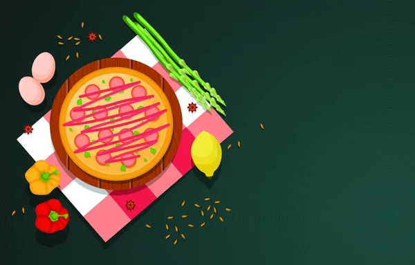 Egg Pizza Warzywa Stole Gotowania Kuchnia Tła Ilustracja — Wektor stockowy