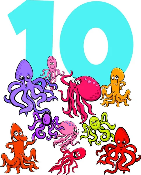 Číslo Deset Karikatura Chobotnice Zvířat Skupiny — Stockový vektor