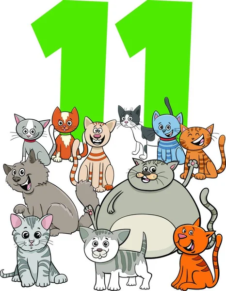 Number Eleven Cartoon Cats Kittens Group — Stock Vector