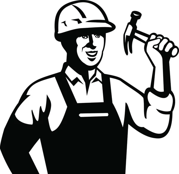 Builder Carpenter Handyman Holding Hammer Front Retro Black White — Stock Vector