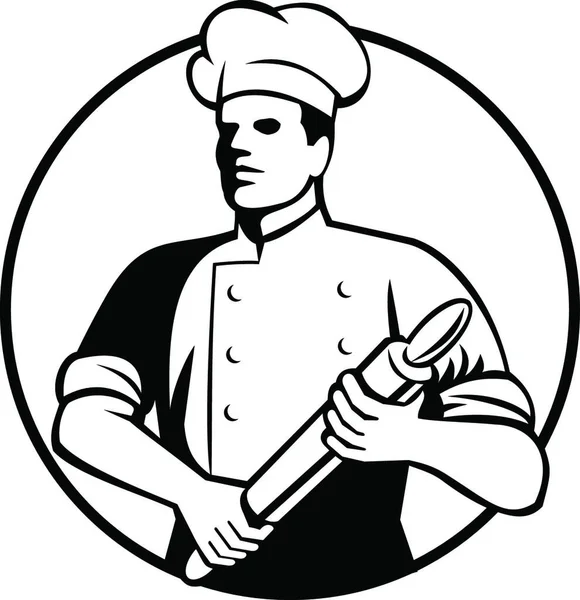 Baker Chef Cook Holding Rolling Pin Retrò Bianco Nero — Vettoriale Stock