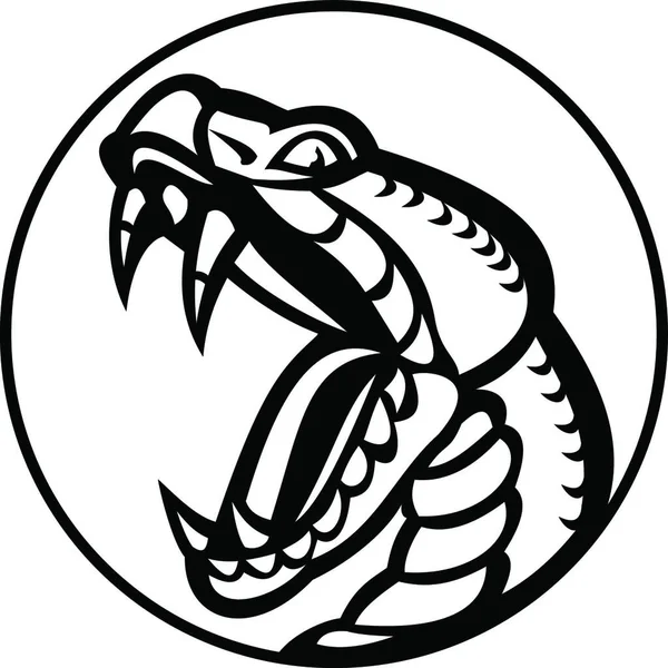 Aggressive Copperhead Snake Baring Fangs Mascot Black White — Stock Vector