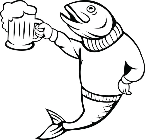 Trout Salmon Fish Holding Taza Cerveza Ale Usando Suéter Dibujos — Archivo Imágenes Vectoriales