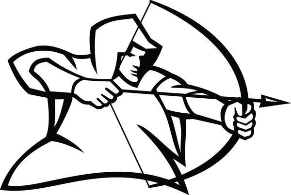 Arquero Medieval Disparando Arco Flecha Mascota Blanco Negro — Vector de stock