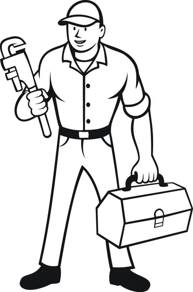 Klempner Holding Monkey Schraubenschlüssel Und Toolbox Cartoon Schwarz Weiß Vektorillustration — Stockvektor