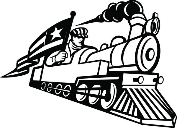 Engenheiro Comboios Americano Conduzindo Vapor Locomotiva Mascote Preto Branco — Vetor de Stock