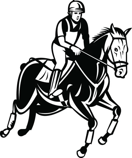 Ιππασία Ιππασίας Εμφάνιση Αλόγων Άλμα Στάδιο Άλμα Retro Μαύρο Και — Διανυσματικό Αρχείο