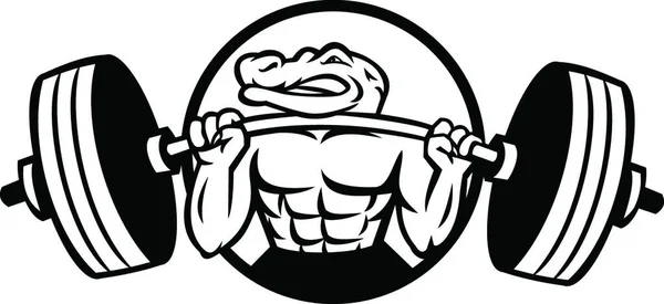 Alligator Lifting Heavy Barbell Weight Circle Mascot Black White — 스톡 벡터
