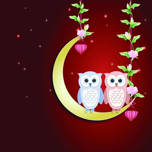 可爱的猫头鹰爱上了月亮和星星 情人节卡片的设计 — 图库矢量图片
