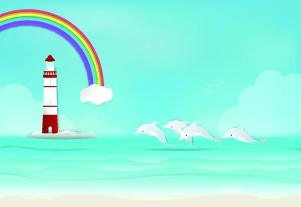 Leuchtturm Mit Delphin Meer Und Regenbogenhintergrundpapier — Stockvektor
