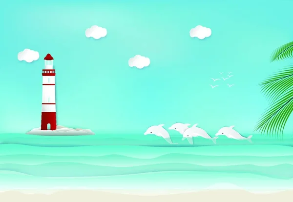 Leuchtturm Und Delfin Meer Hintergrundpapier Kunst Vektorillustration Einfaches Design — Stockvektor
