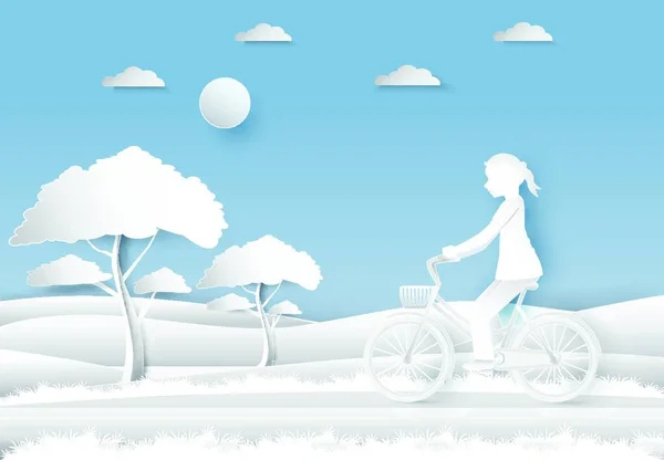 Menina Andando Bicicleta Campo Azul Céu Arte Papel Ilustração Vetorial — Vetor de Stock