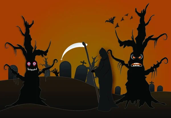 Grim Reaper Στο Νεκροταφείο Και Σκοτεινό Δάσος Απόκριες Χαρτί Τέχνης — Διανυσματικό Αρχείο