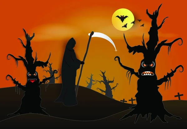 Kaszás Sötét Erdőben Denevér Halloween Papír Művészet Háttér — Stock Vector
