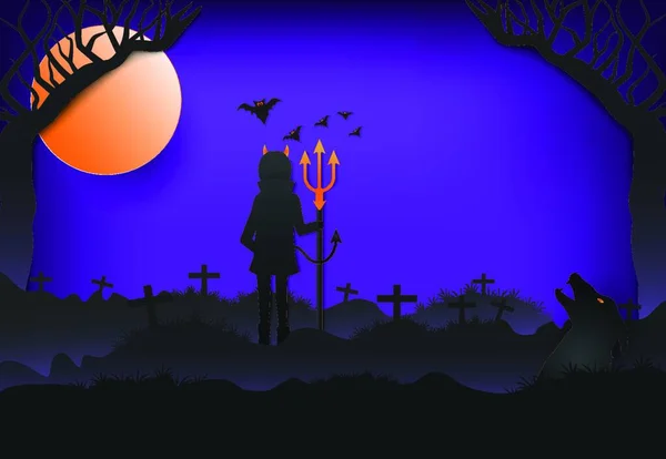 Jonge Duivel Met Drietand Wolf Silhouet Halloween Papier Kunst Achtergrond — Stockvector
