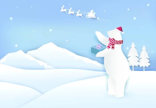 Babbo Natale Orso Polare Con Scatole Regalo Sfondo Stile Arte — Vettoriale Stock