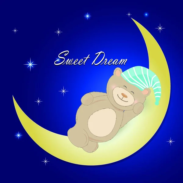 泰迪熊在夜空背景下睡在月亮上 — 图库矢量图片