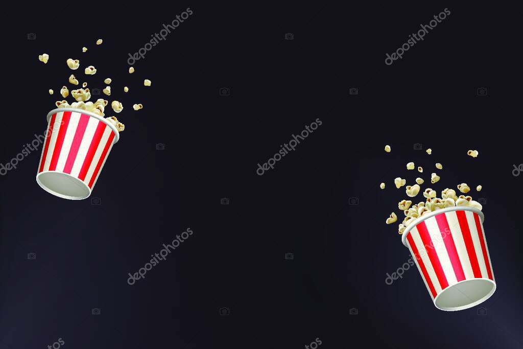 "Popcorn splash movie round bucket cup. Realistic vector banner cinema pop corn paper bowl red