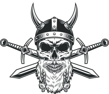 Vintage sakallı Viking kafatası, vektör çizimi basit tasarım 