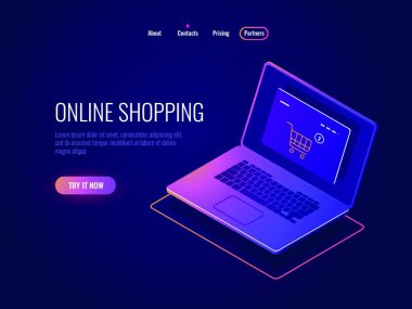 Çevrimiçi internet alışverişi izometrik simgesi, web sitesi alımı, çevrimiçi atölye sayfalı laptop, dizüstü bilgisayar koyu renkli neon