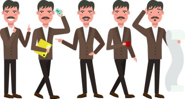 Farklı pozlarda bıyıklı iş adamı, vektör çizimi basit tasarım.