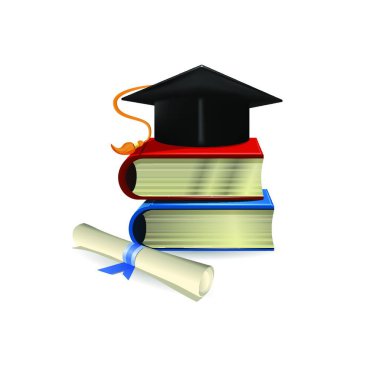 Mezuniyet şapkası, diploma ve kitaplar, vektör illüstrasyonu basit tasarım