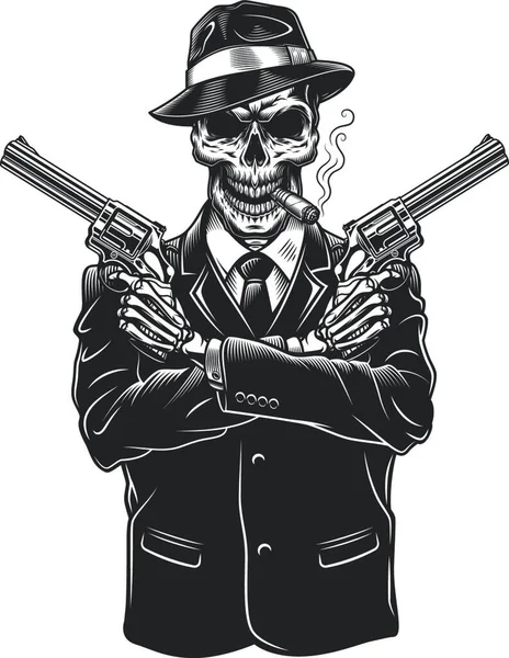 Skeleton Gangster Revolvers Vector Illustration Simple Design — Stock Vector