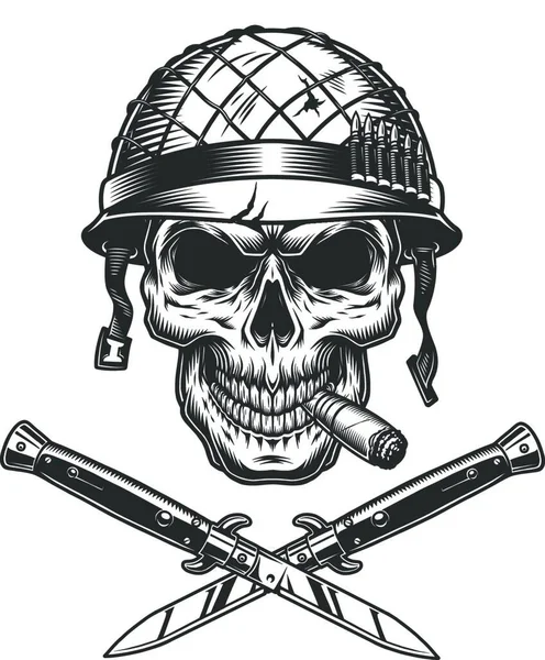 ヘルメットの兵士の頭蓋骨喫煙葉巻 ベクトルイラストシンプルなデザイン — ストックベクタ