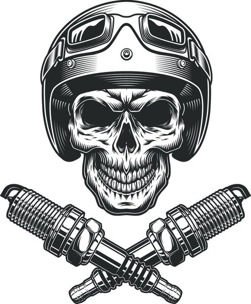 Винтажный череп мотоциклиста, векторная иллюстрация простая конструкция 
