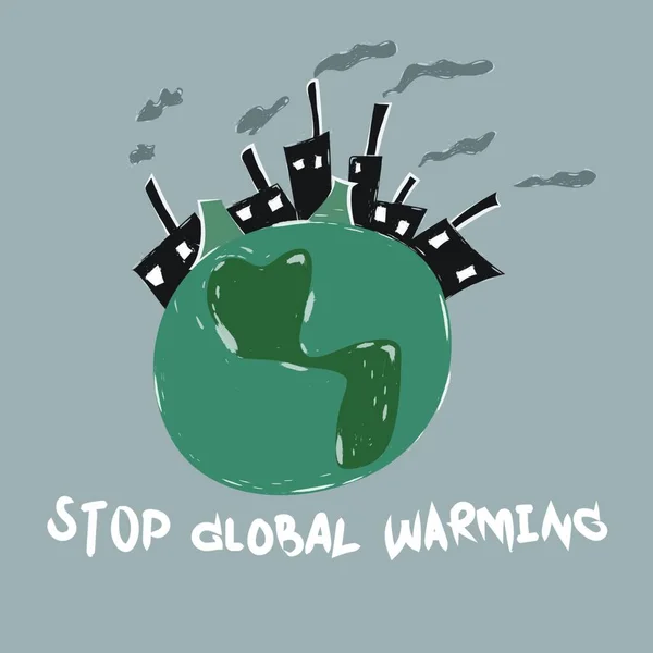 大気中の毒煙と地球地図上の黒い工場 地球温暖化の概念 — ストックベクタ