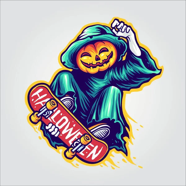 Skeleton Skateboards Halloween Scary Illustrations Para Línea Ropa Mercancías Negocio — Vector de stock