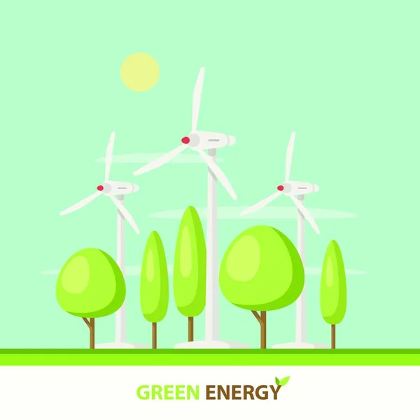 Elektrownia Wiatrowa Zielonymi Drzewami Słońcem Chmurami Błękitnym Niebem Płaska Ilustracja — Wektor stockowy