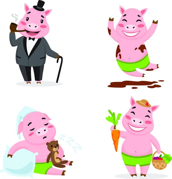 Cute Świnia Korzystających Różnych Działań Wektor Ilustracji Prosty Projekt — Wektor stockowy