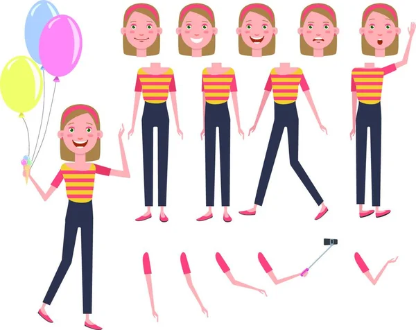 Opgewonden Mooi Meisje Met Hoop Kleurrijke Ballonnen Karakter Set Vector — Stockvector