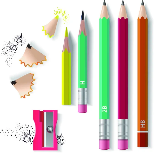 Graphite Pencils Set Sharpener Sharpening Shavings Vector Illustration Simple Design — Stock Vector