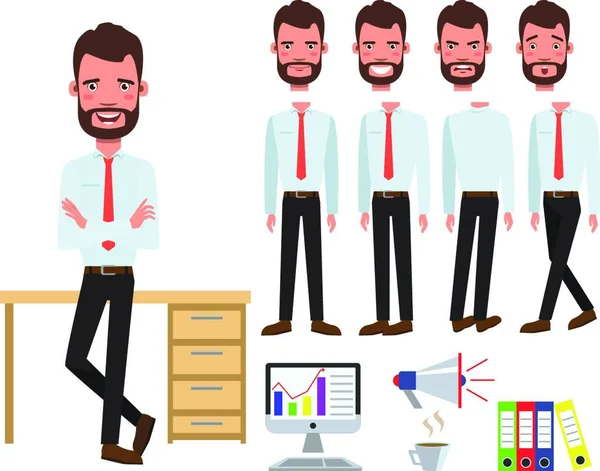 Man Office Manager Aan Bureau Karakter Set Met Verschillende Poses — Stockvector