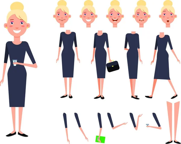 Elegante Conjunto Personajes Dama Con Diferentes Poses Emociones Ilustración Vectorial — Vector de stock